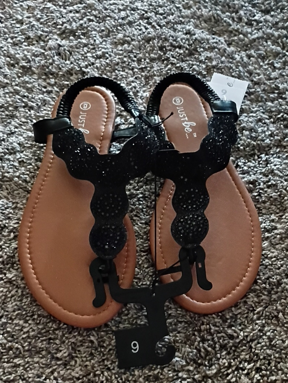 just be Black Glitter T-Strap Sandals with Tan Insole